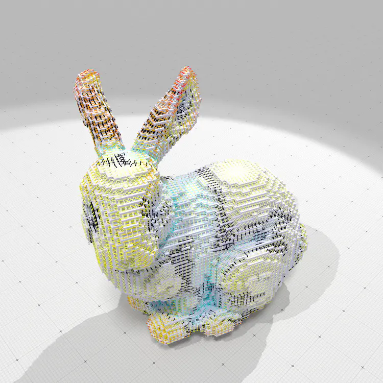 Estimated principal directions of curvature on a digitized Stanford bunny shape (resolution 64x64x64) using corrected curvature measures; principal curvatures are depicted using colors (blue is very low negative, cyan is low negative, black is zero, yellow is high positive, red is very high positive).